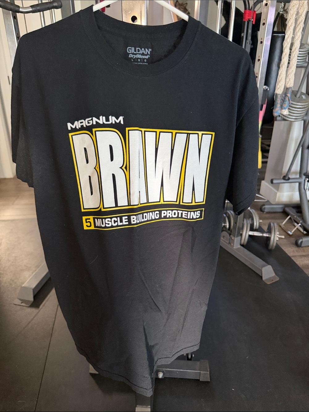 Gildan Black Short Sleeve 'MAGNUM BRAWN' Graphic Tee with White & Yellow Print